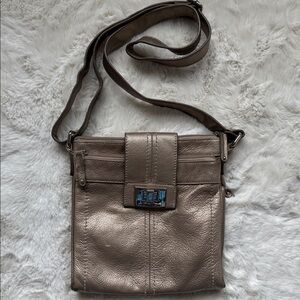 Tignanello Crossbody Organizer Shoulder Bag Gold Metallic Shimmer Leather Purse